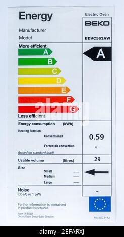 Label d'efficacité énergétique pour une cuisinière électrique Beko, appareil électrique, Royaume-Uni Banque D'Images