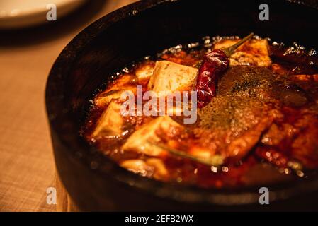 Mapo tofu est un plat chinois populaire de la province du Sichuan. Le plat spécial est célèbre pour le poivre du Sichuan, le piment et l'ail. Banque D'Images