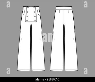 Ensemble de pantalons marin illustration technique de la mode avec taille basse, taille haute, pleine longueur, poches, boutons avant. Pantalon plat bas modèle de vêtement arrière, couleur blanche. Femmes, hommes, maquette de CAD unisex Illustration de Vecteur