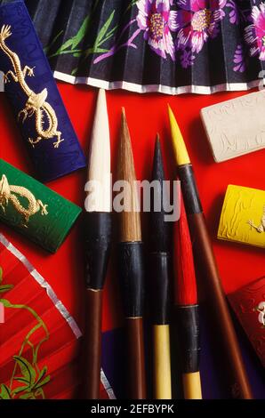 Gros plan des pinceaux et de l'encre, Hong Kong, Chine Banque D'Images