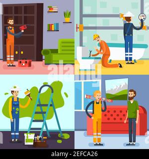 Maison rénovation concept 4 plate icônes carré avec plombiers dedans salle de bain et ouvrier peinture mur isolé illustration vectorielle Illustration de Vecteur