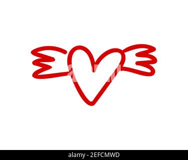 Rouge croquis coeur Doodle avec ailes vecteur illustrations dessinées à la main sur fond blanc Illustration de Vecteur