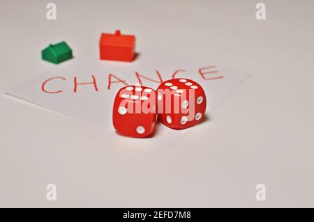 Concept de 2 dés rouges fin le mot chance écrit à la main sur fond blanc avec texte de copie Banque D'Images