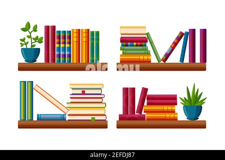 Etagère avec piles de livres et plantes. Collection de livres de classe et de plantes en pot dans le style de dessin animé. Illustration vectorielle isolée sur fond blanc Illustration de Vecteur