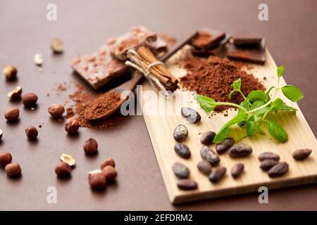 chocolat aux noix, fèves de cacao et cannelle Banque D'Images