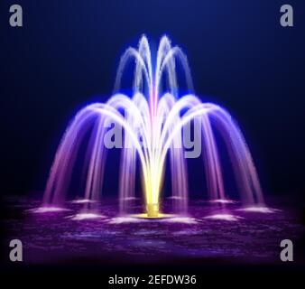 Fontaine de nuit moderne éclairée de couleur jaune et pourpre illustration vectorielle réaliste sur fond sombre Illustration de Vecteur