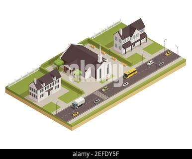 Moderne église catholique contemporaine bâtiment en pierre blanche avec parking et les maisons voisines de l'illustration du vecteur de composition isométrique Illustration de Vecteur