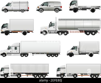 Ensemble de véhicules utilitaires blancs réalistes, y compris des camions lourds avec diverses remorques, camions, fourgonnettes illustration vectorielle isolée Illustration de Vecteur