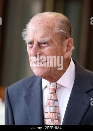 Photo du dossier datée du 14/7/2017 du duc d'Édimbourg qui a été admis à l'hôpital après s'être senti mal à l'aise, a déclaré Buckingham Palace. Philip, âgé de 99 ans, qui a reçu un jab Covid-19 en janvier, a été admis mardi à l'hôpital privé King Edward VII de Londres. Date de publication : le mercredi 17 février 2021. Banque D'Images