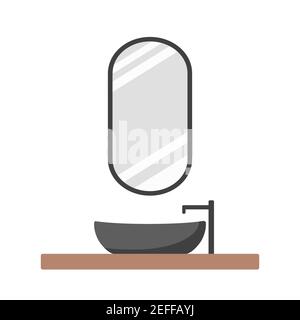 Salle de bains moderne de style scandinave. Chambre blanche contemporaine confortable avec miroir, cadre noir et lavabo sombre. Illustration vectorielle à plat Illustration de Vecteur