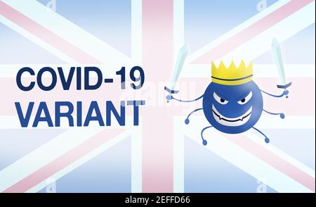 lettrage de mutation covid-19 avec représentation de mutation covid 19 avec drapeau britannique sur fond. dessin 2d plate dessin animé monstre pour variation angleterre co Banque D'Images