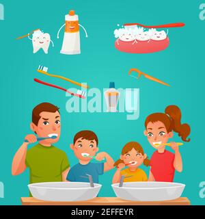 Les jeunes familles se brossent les dents ensemble et les produits de soin des dents et outils composition de dessin animé illustration vectorielle plate Illustration de Vecteur