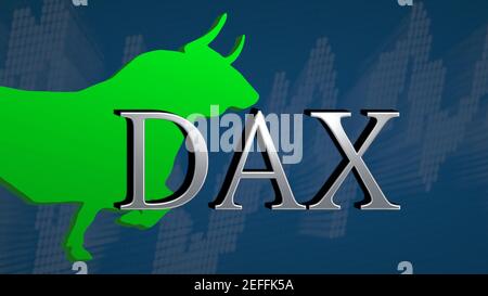 L'indice allemand Dax est haussier. Le taureau vert et un graphique ascendant avec un fond bleu derrière le titre argenté... Banque D'Images