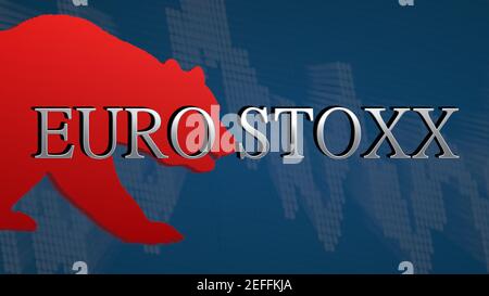 L'EURO STOXX, un indice boursier de la zone euro, est baissier. L'ours rouge et un tableau décroissant avec un fond bleu derrière le titre argenté... Banque D'Images