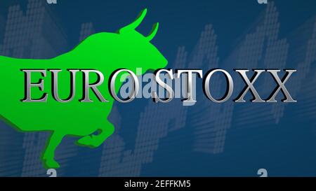 L'EURO STOXX, un indice boursier de la zone euro, est en hausse. Le taureau vert et un tableau ascendant avec un fond bleu derrière le headli argenté Banque D'Images