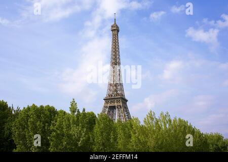 Arbres devant une tour, Tour Eiffel, Paris, France Banque D'Images