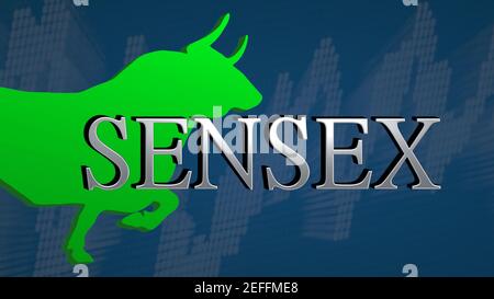 L'indice boursier ESB SENSEX de la Bourse de Bombay est haussier. Le taureau vert et un tableau ascendant avec un fond bleu derrière l'argent... Banque D'Images