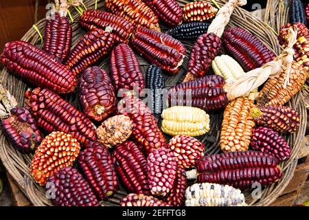 Vue à grand angle d'un panier de cornes colorées dans un marché, Pisaq, Cuzco, Pérou Banque D'Images