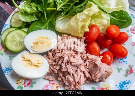 Assiette de salade maison saine pour le déjeuner avec thon, laitue, œuf dur, tomates et tranches de concombre. Banque D'Images