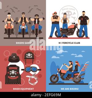 Icônes de concept de motards avec symboles de gang de motards isolés à plat illustration vectorielle Illustration de Vecteur