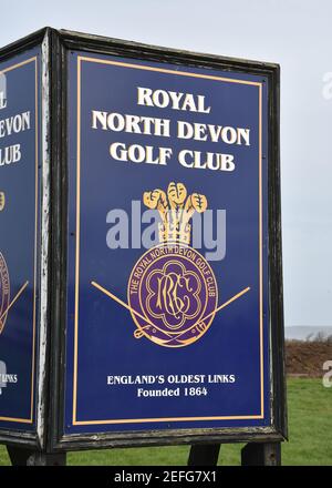 RND, panneau du club de golf Royal North Devon, Westward Ho ! Banque D'Images