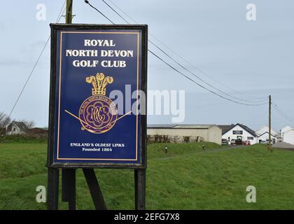 RND, panneau du club de golf Royal North Devon, Westward Ho ! Banque D'Images