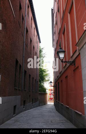 Bâtiments des deux côtés d'une allée, Madrid, Espagne Banque D'Images