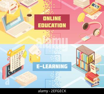 Bannières isométriques horizontales pour l'enseignement en ligne avec appareils mobiles, informations électroniques, apprentissage audio, didacticiels, calculatrice vecteur isolé illus Illustration de Vecteur