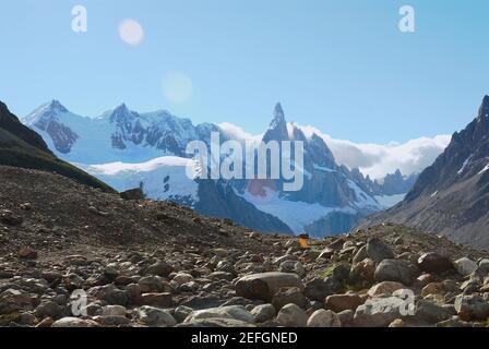 Vue panoramique sur les montagnes, Glacier Grande, Cerro Torre, Mt Fitzroy, Parc national des Glaciers argentins, Chalten, glace du sud de la Patagonie, Patagonie, Argentine Banque D'Images