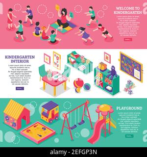 Banderoles horizontales isométriques de jardin d'enfants avec éléments d'intérieur et de terrain de jeu et professeur travaillant avec les enfants jeux éducatifs vecteur illustraa Illustration de Vecteur