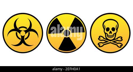 Danger signes jaunes d'avertissement. Signe de rayonnement, signe toxique et risque biologique. Icônes vectorielles isolées sur fond blanc. Illustration de Vecteur