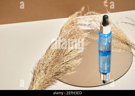 Bouteille de sérum se trouve sur un miroir rond avec branches de fleurs séchées. Style Wabisabi, ton terre. Maquette de composition cosmétique pour le soin de la peau Banque D'Images