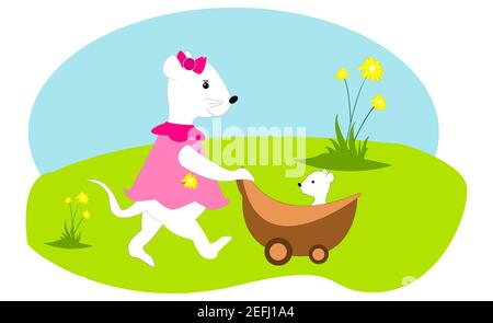 La souris mère poussant ses jeunes dans une poussette de bébé Banque D'Images