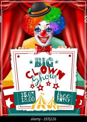 Affiche publicitaire d'invitation de spectacle de cirque avec clown souriant dans une illustration vectorielle brillante à trois couleurs Illustration de Vecteur