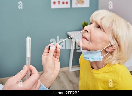 Écouvillon nasal femelle pour échantillon de coronavirus, gros plan. Épidémie mondiale covid-19 Banque D'Images