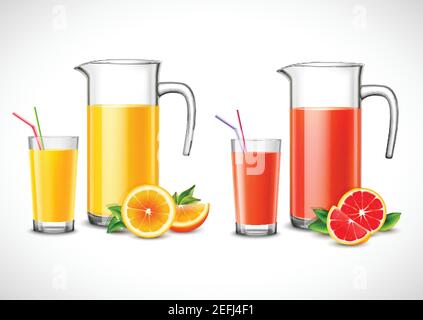 Cruches avec jus d'agrumes et verres pleins avec pailles colorées illustration vectorielle isolée de fruits à feuilles vertes Illustration de Vecteur