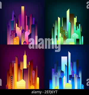 Ville de nuit, gratte-ciel du centre-ville et centre d'affaires, édifices colorés eclairage lumières 4 icônes carré poster illustration vectorielle Illustration de Vecteur