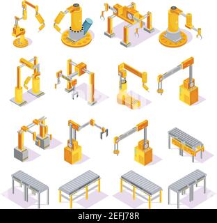 Ensemble isométrique de convoyeurs gris jaune avec main robotique pour le soudage ou l'emballage d'illustrations vectorielles isolées Illustration de Vecteur