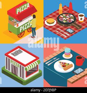 Pizzeria Isomistric design concept avec cuisine de rue, bâtiment de restaurant, pizza avec boissons et illustration vectorielle isolée de smartphone Illustration de Vecteur