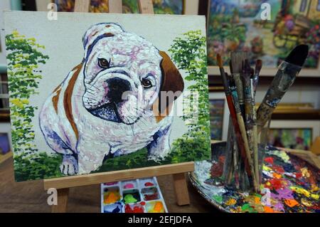 Dessin à la main moderne, peinture d'art, couleur de l'huile, mignon, bulldog , Palette et pinceau , de la galerie en Thaïlande Banque D'Images