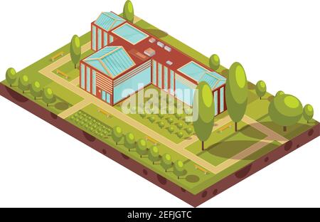 Aménagement isométrique du bâtiment rouge de l'université avec toit en verre vert arbres bancs et passerelles illustration vectorielle 3d Illustration de Vecteur