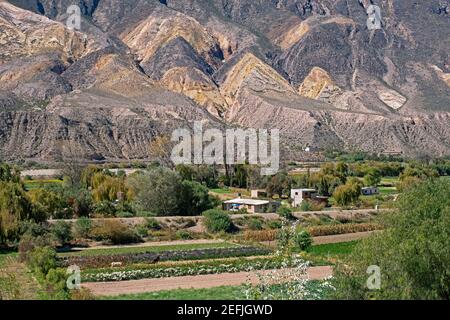 Ferme près du village Maimará au pied de la montagne Paleta del Pintor / Painter's Palette dans la Quebrada de Humahuaca, province de Jujuy, Argentine Banque D'Images