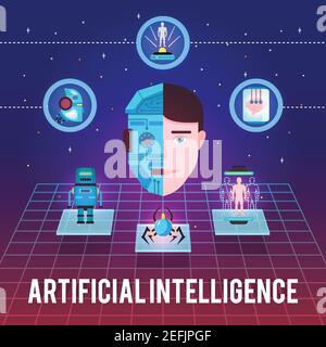 Illustration de l'intelligence artificielle avec le visage de cyborg icônes de haute technologie et robotique figures sur l'illustration du vecteur de fond stellaire Illustration de Vecteur