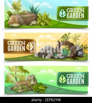 Décor moderne éléments de paysage design 3 bannières horizontales avec tropical plantes roc garden compositions illustration vectorielle isolée Illustration de Vecteur