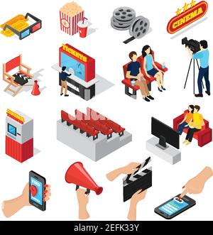 Cinéma 3d isométrique ensemble de billetterie isolée sièges de personnes illustration vectorielle des icônes de pop-corn et d'application de billetterie pour smartphone Illustration de Vecteur