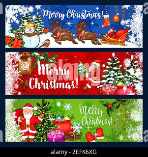 Bannière de Noël pour les fêtes d'hiver carte de voeux. Père Noël avec arbre de Noël et cadeau, traîneau à bonhomme de neige et renne, décoré de berrins houleux Illustration de Vecteur