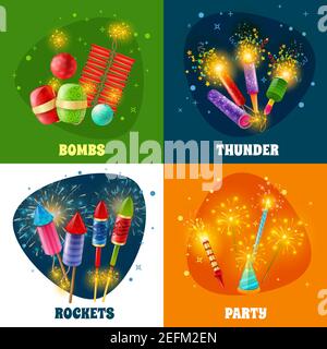 Fêtes et événements spéciaux célébration feu concept 4 icônes colorées carré avec fusées pétards bombes isolées illustration vectorielle Illustration de Vecteur