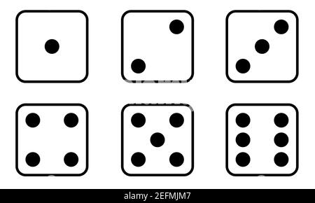 Ensemble de l'icône Dice. Matrice traditionnelle avec six faces de cube marquées avec des nombres différents de points ou de pips de 1 à 6. Style plat simple. Vecteur illustré Illustration de Vecteur