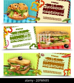 Sandwichs sains à grains entiers avec des ingrédients frais naturels 3 horizontal les bannières publicitaires définissent une illustration vectorielle isolée réaliste Illustration de Vecteur