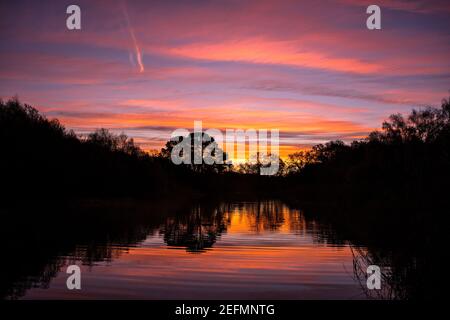 Lever de soleil au-dessus du lac ornemental sur Southampton Common en hiver. Southampton, Angleterre. Banque D'Images